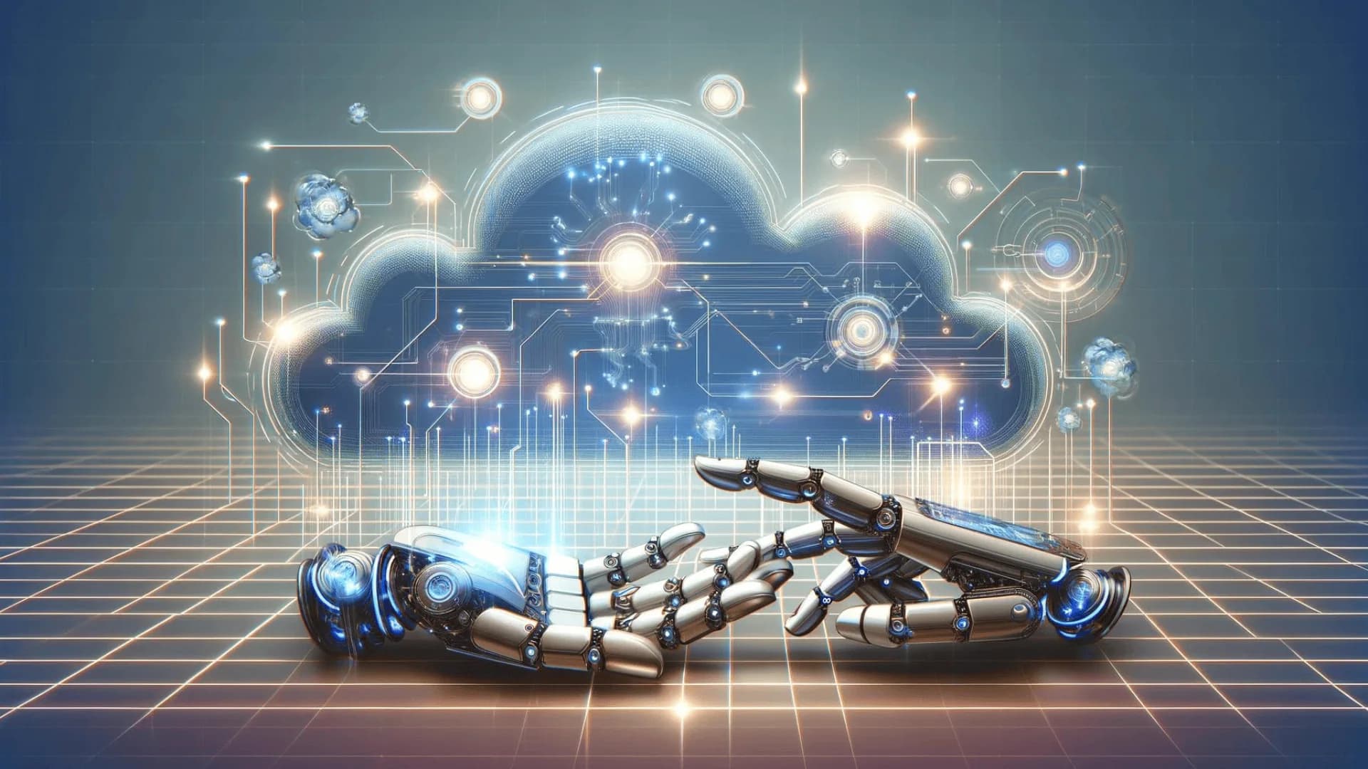 AI-powered robotic hands reaching towards a digital cloud with interconnected nodes, symbolizing cloud computing and AI technology integration. AI-powered robotic hands reaching towards a digital cloud with interconnected nodes, symbolizing cloud computing and AI technology integration.