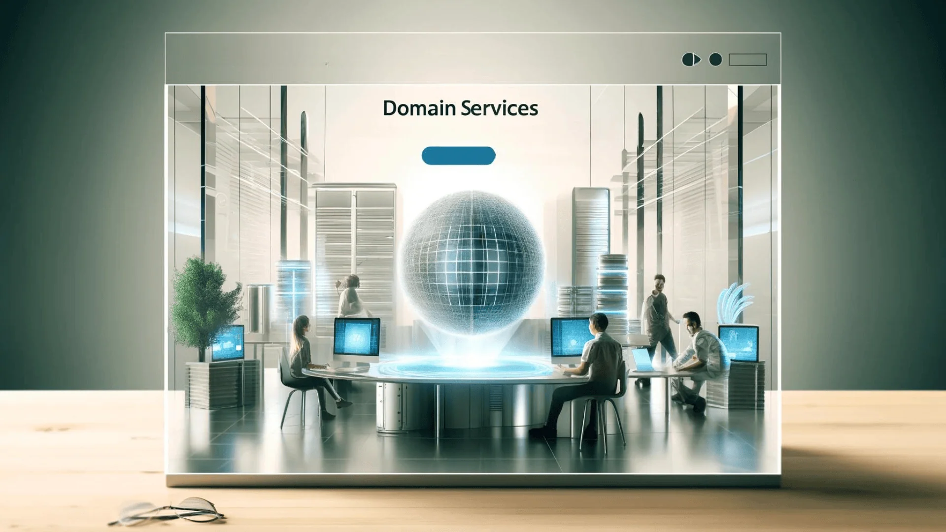 High-tech digital domain services illustration with futuristic office setting and holographic globe, representing Owltek Solutions' expertise in domain management and IT solutions. High-tech digital domain services illustration with futuristic office setting and holographic globe, representing Owltek Solutions' expertise in domain management and IT solutions.
